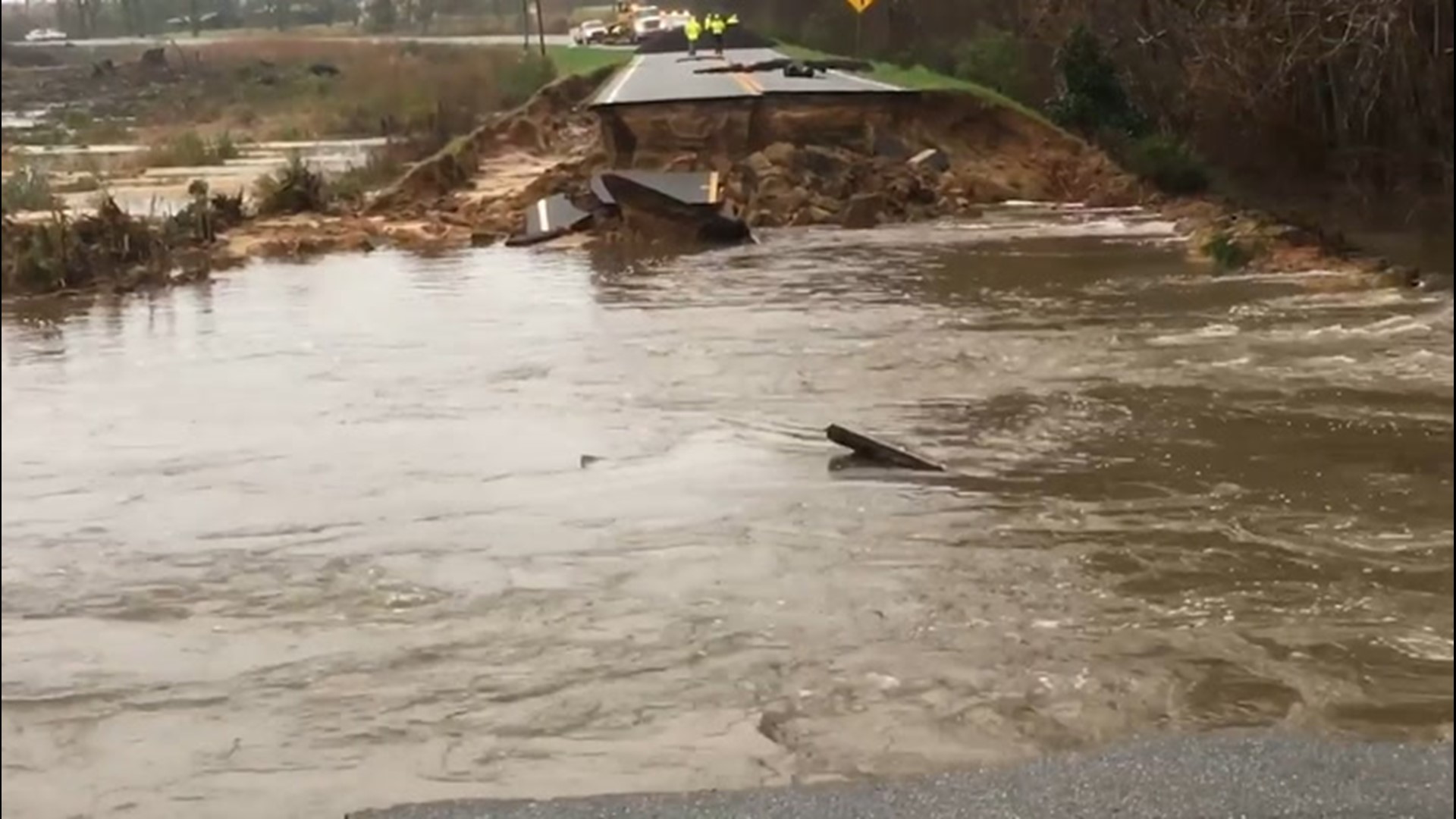 Part of the highway in Wilcox County, Georgia, crumbled to pieces after powerful rainfall and flooding slammed into the area on March 5.