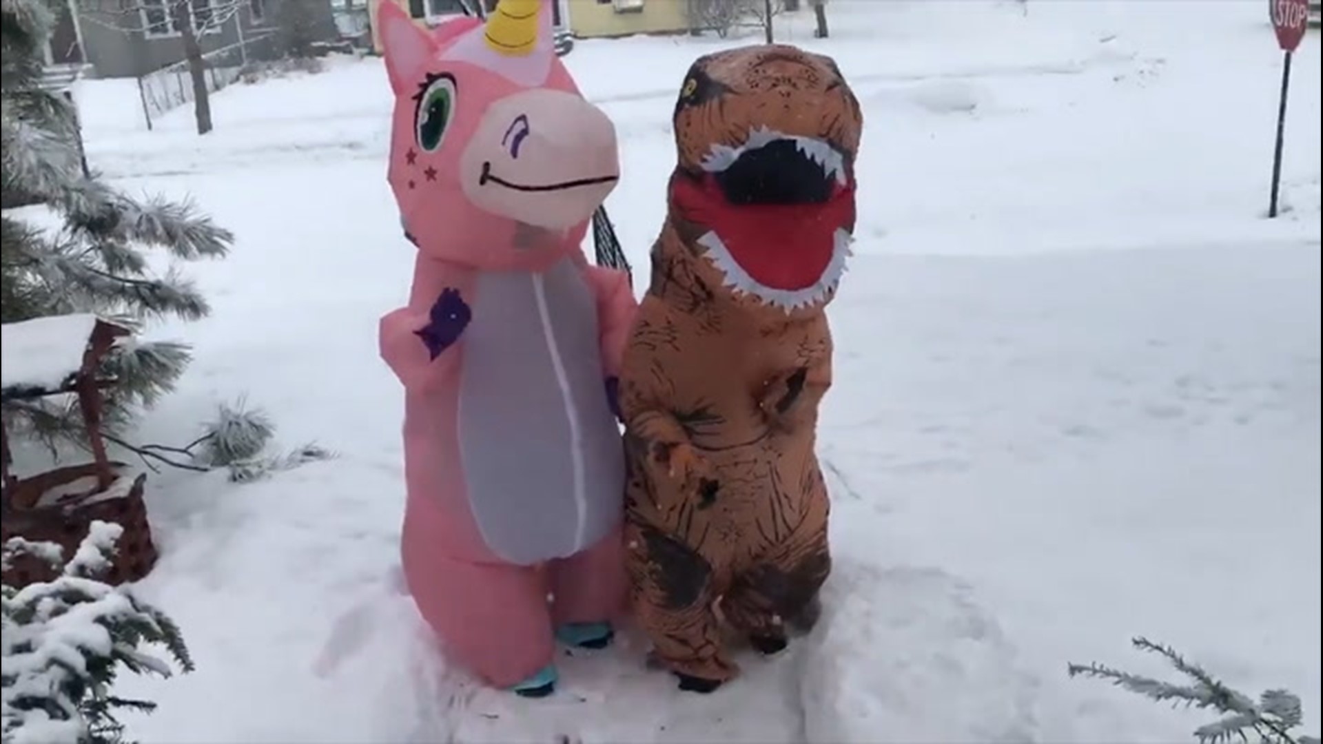 People dressed in a dinosaur and a unicorn costume greeted children passing by in the snowy streets during a snowstorm in the Twin Cities region of Minnesota, on Jan. 14.