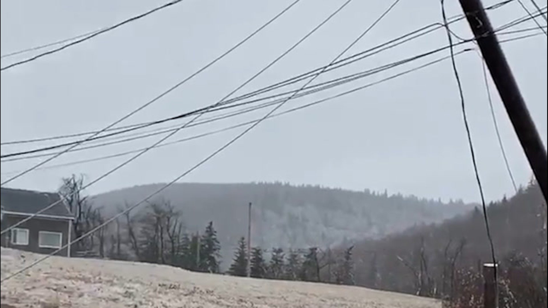 Rain and ice fell in Nova Scotia on April 4, with accumulating ice knocking down power lines and causing treacherous road conditions.