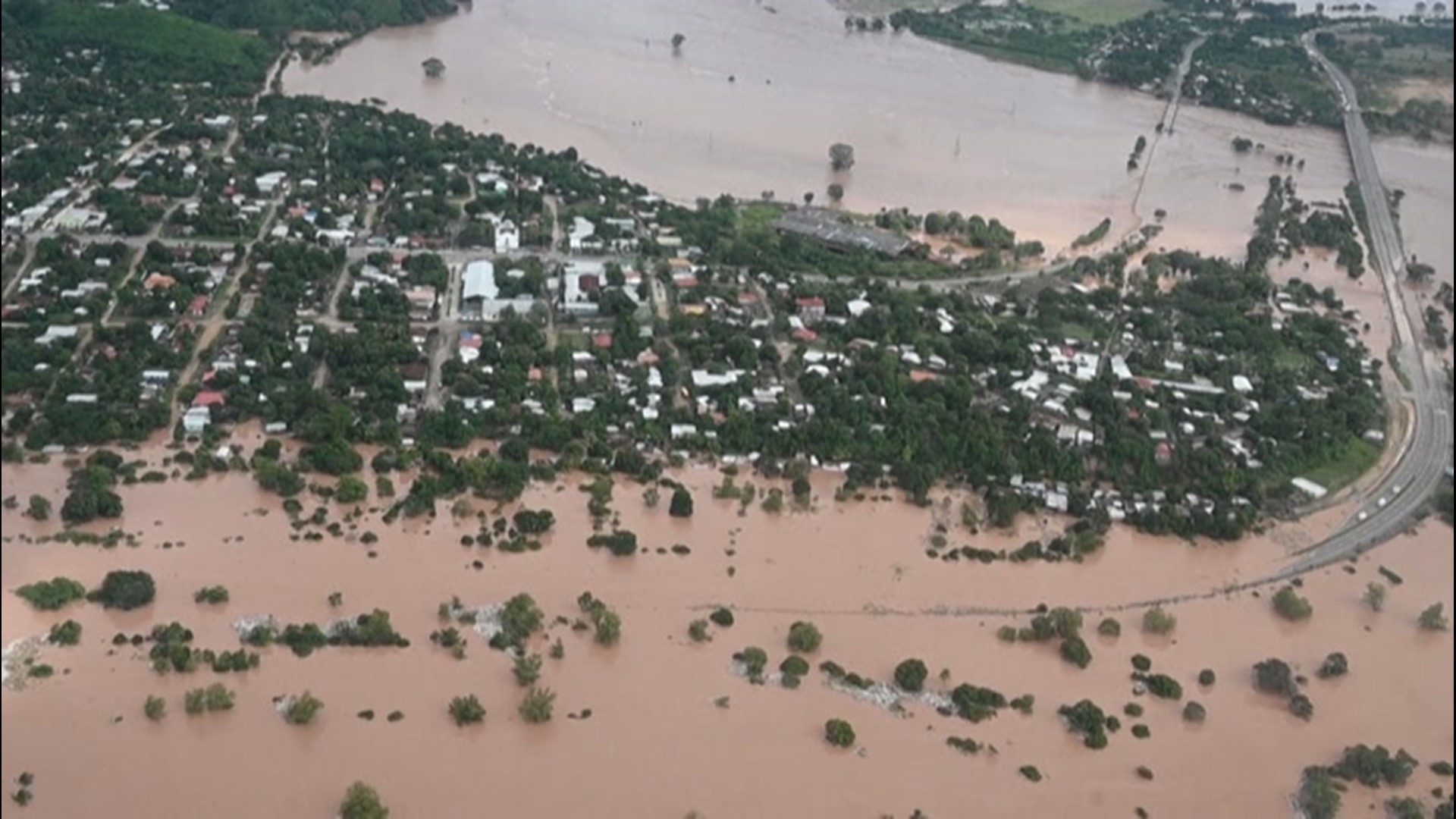 Aerial footage shows the flooding caused by Iota after it lashed Honduras on Nov. 18. In San Pedro Sula, Iota caused the Chamelecon River to overflow its banks, flooding areas around it.