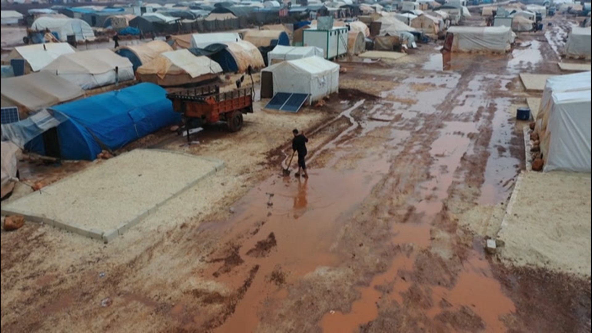 Heavy rain at displacement camps in northwest Syria has led to flooding that destroyed or damaged tents for tens of thousands of people and killed one child.