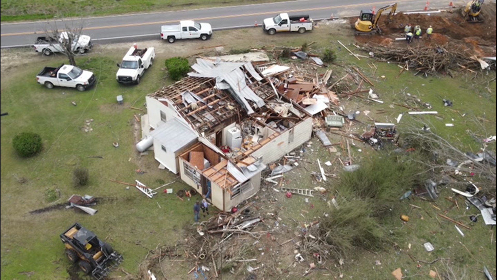 Drone shots show the damage of destroyed homes and twisted trees after a tornado touched down in Chilton County, Alabama.