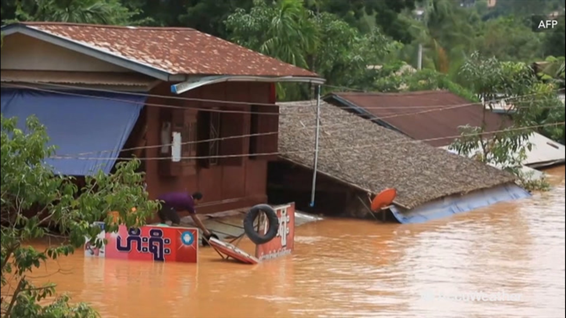 Flooding is making life difficult for residents in Myanmar. On Aug. 11, people could be seen swimming through streets and traveling by canoe as monsoons rains triggered flash flooding.