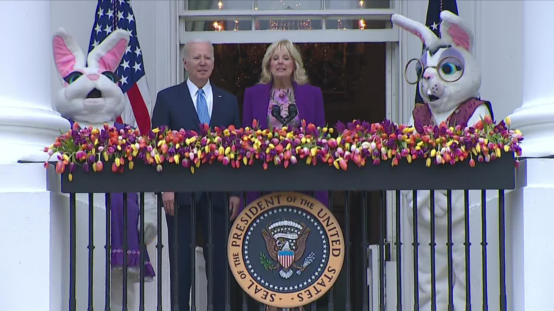 Under rainy skies Monday, President Joe Biden and his wife, Jill, were hosting some 30,000 kids and adults for the event.