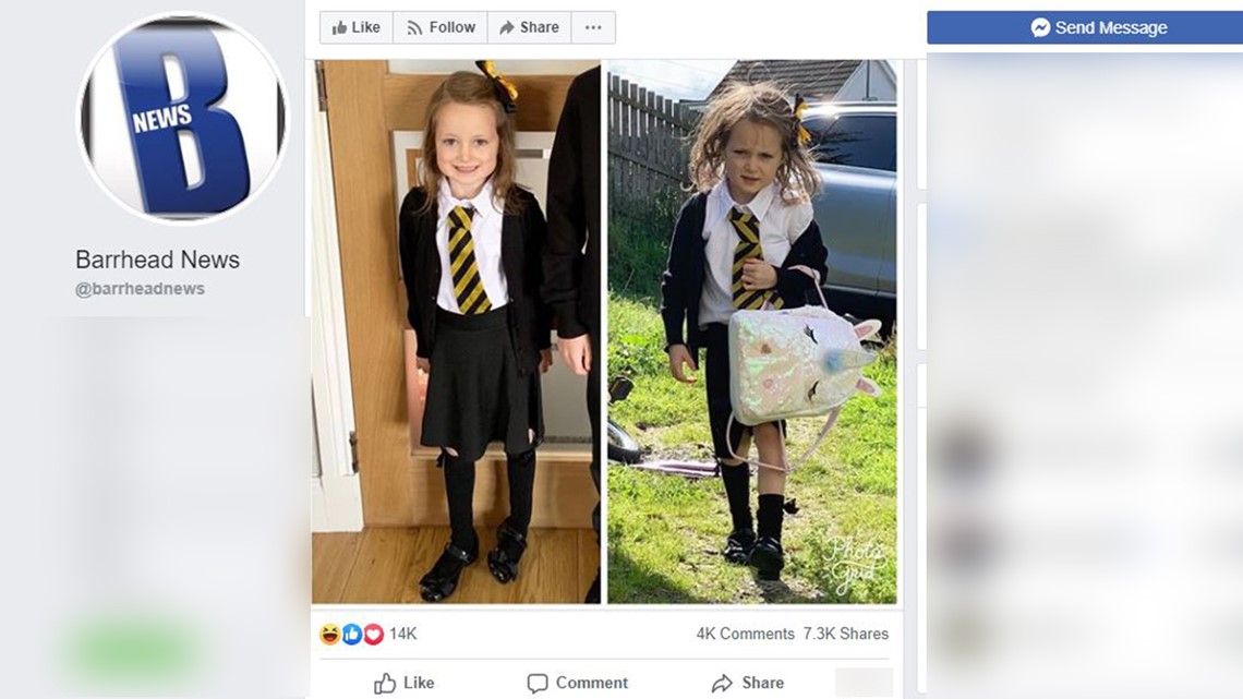 A before and after set of pictures showing a little girl neat and clean in one and a mess in the other