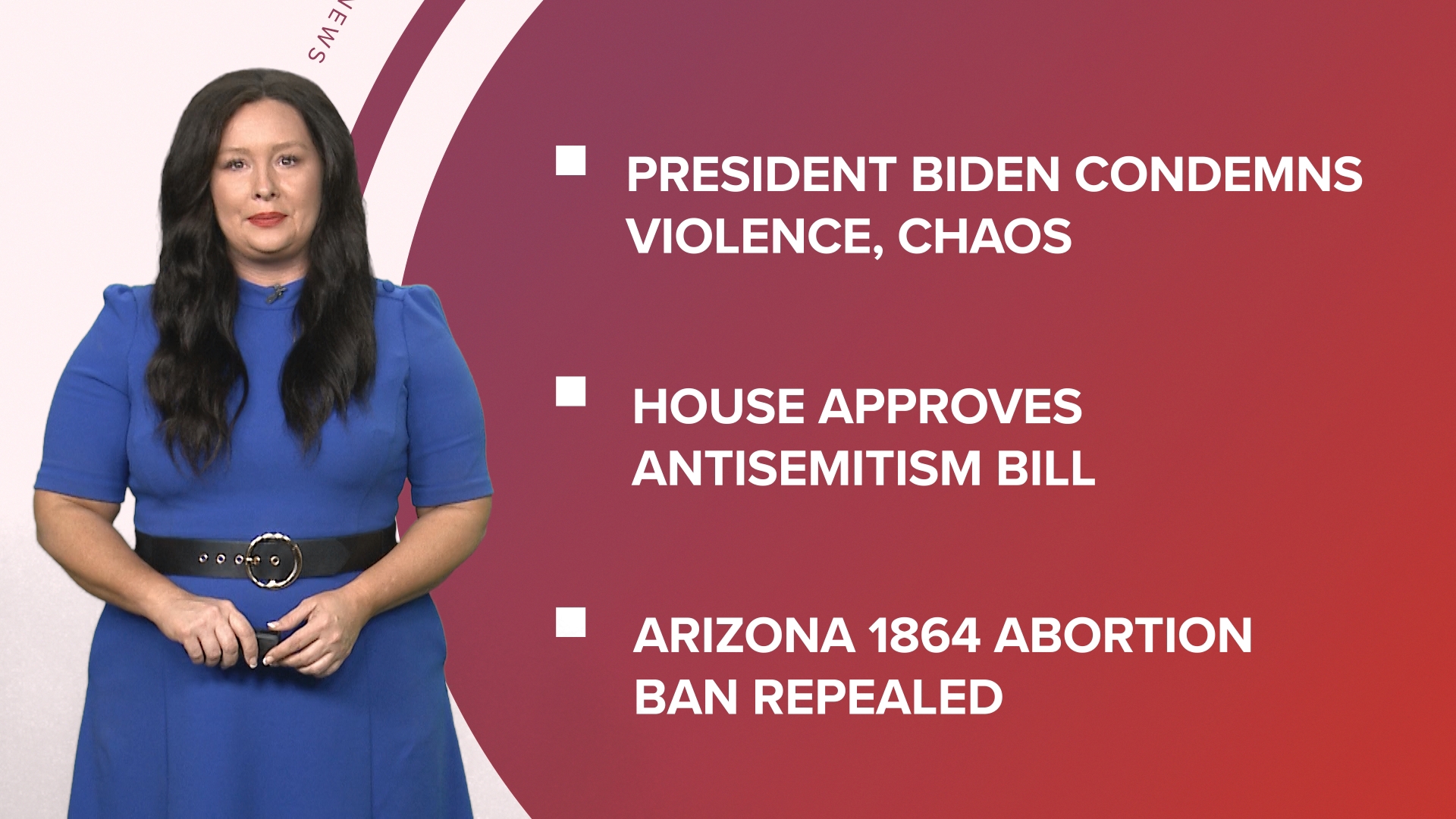 A look at what is happening in the news from an 1864 abortion law repealed in Arizona to Pres. Biden speaking out on protests and what to know about FAFSA delays.