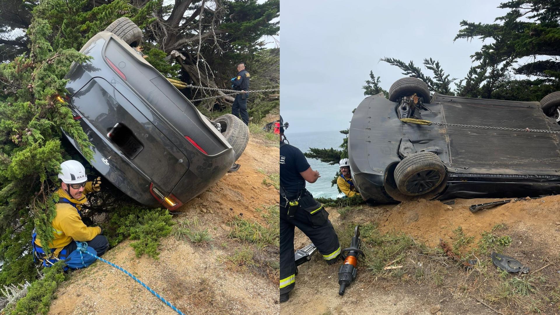 Tesla driver rescued after teetering over edge of 200-foot cliff ...