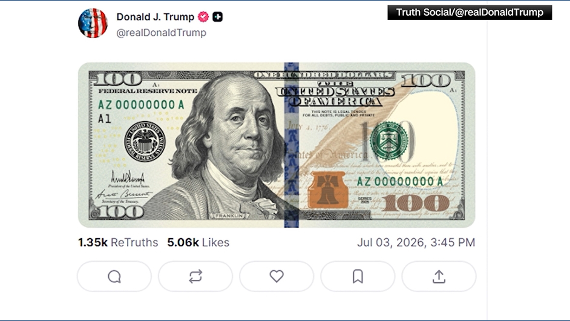 Trump shares first look at new $100 bill featuring his signature ...