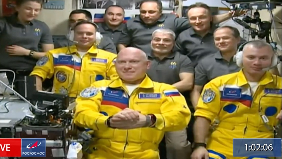 Russian cosmonauts arrive at ISS in colors matching Ukraine flag - Vimarsana News