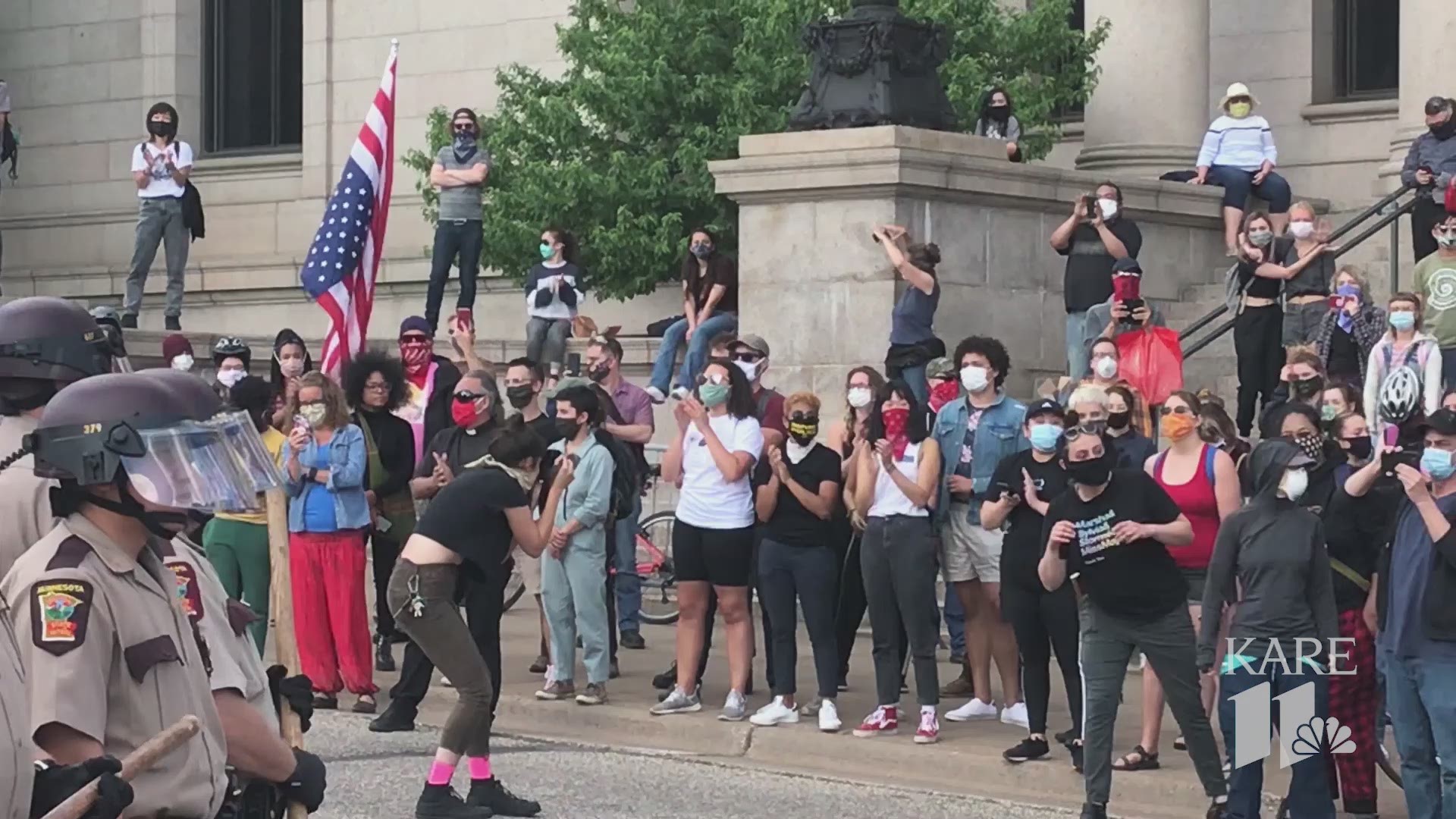 Protesters toppled the Cristopher Columbus statue outside the Minnesota State Capitol.