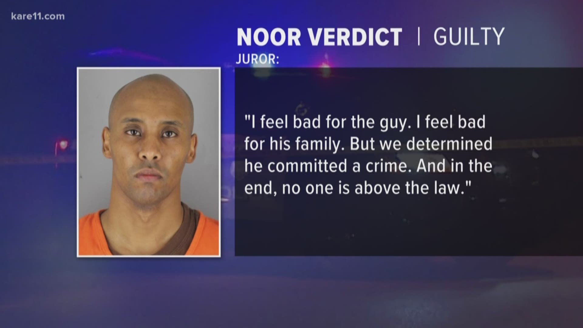 A juror who helped determined the verdict in the Mohamed Noor trial spoke to KARE 11. "I feel bad for the guy. I feel bad for his family. But we determined he committed a crime. And in the end, no one is above the law." https://kare11.tv/2GM8JBl