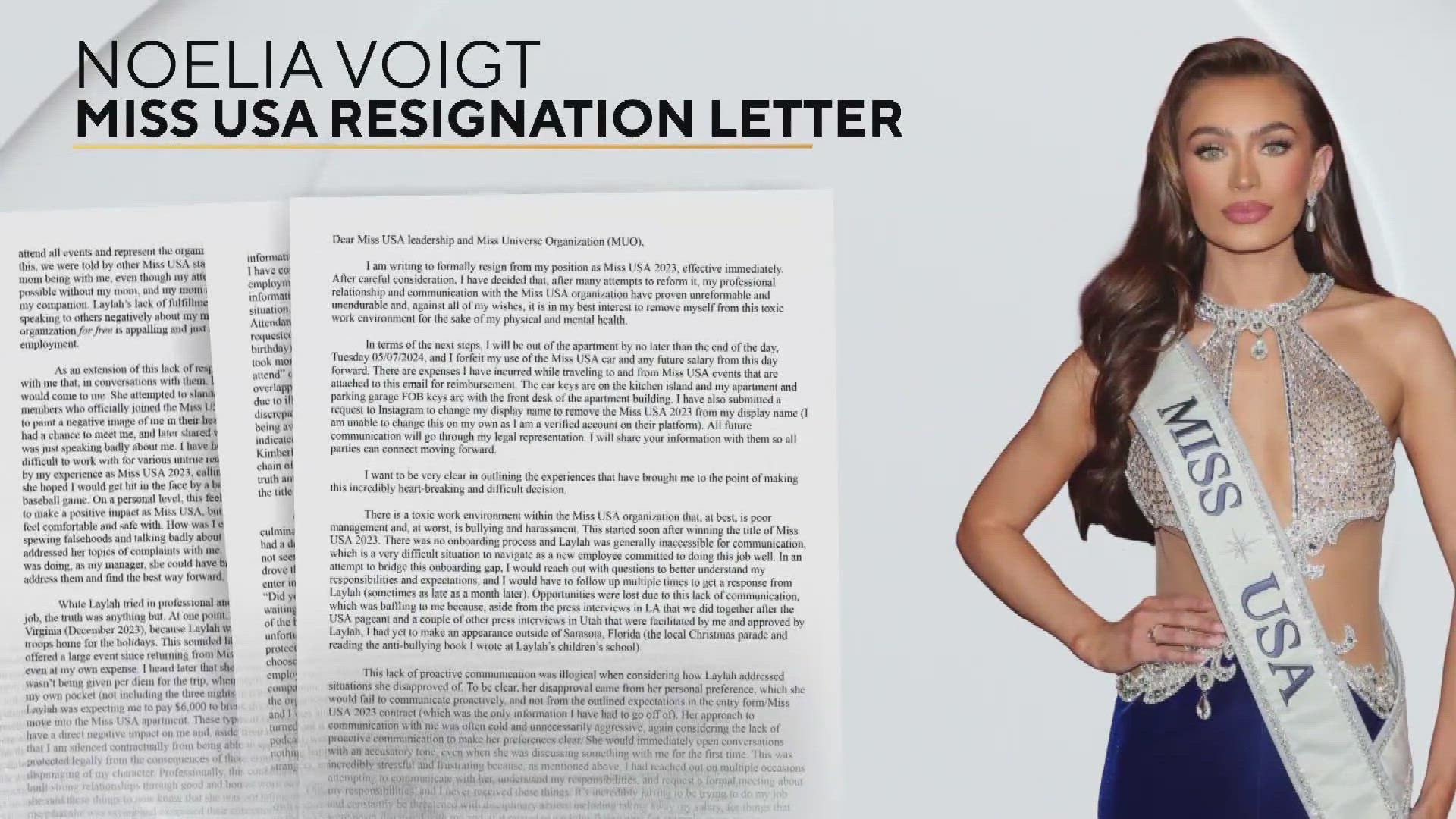 In a resignation letter, Miss USA Noelia Voigt wrote about the mental and emotional toll the organization has taken on her.