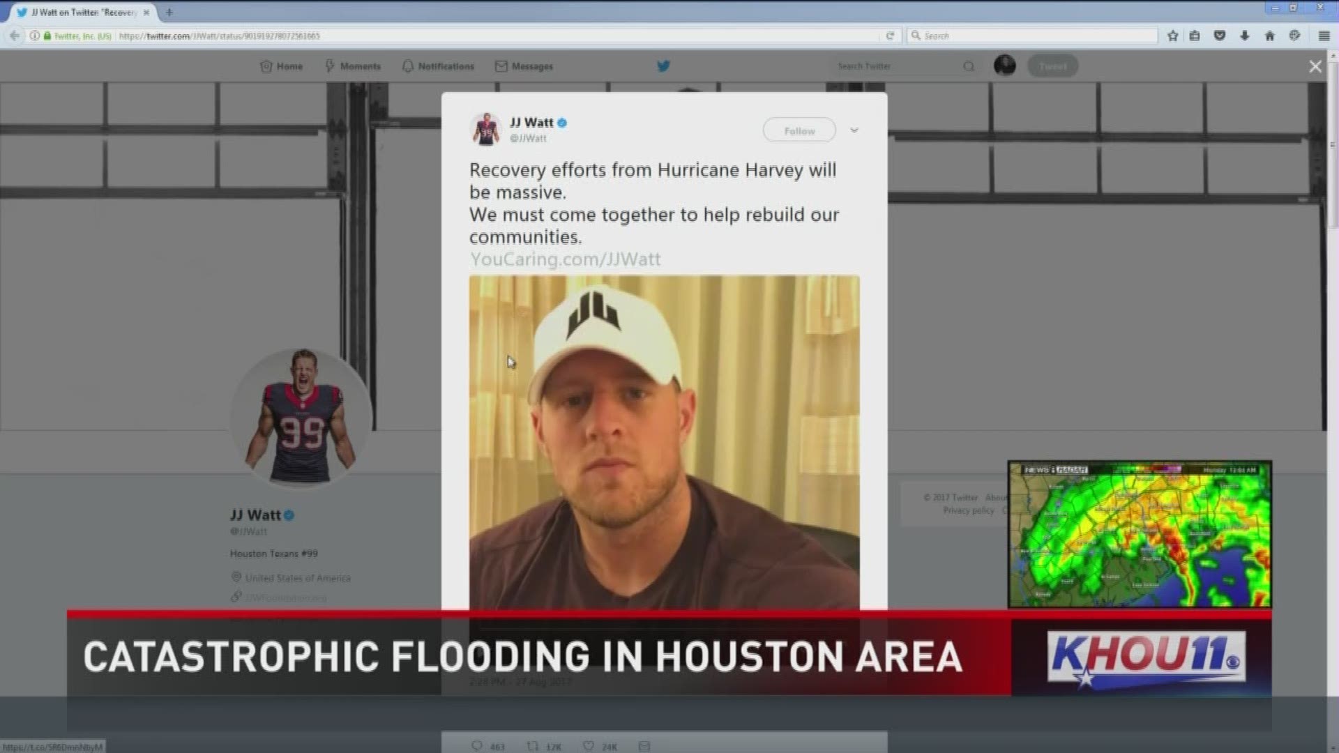 The Houston Texans star is leading a campaign that had raised $275,000 for flood relief as of 2 a.m. Monday.