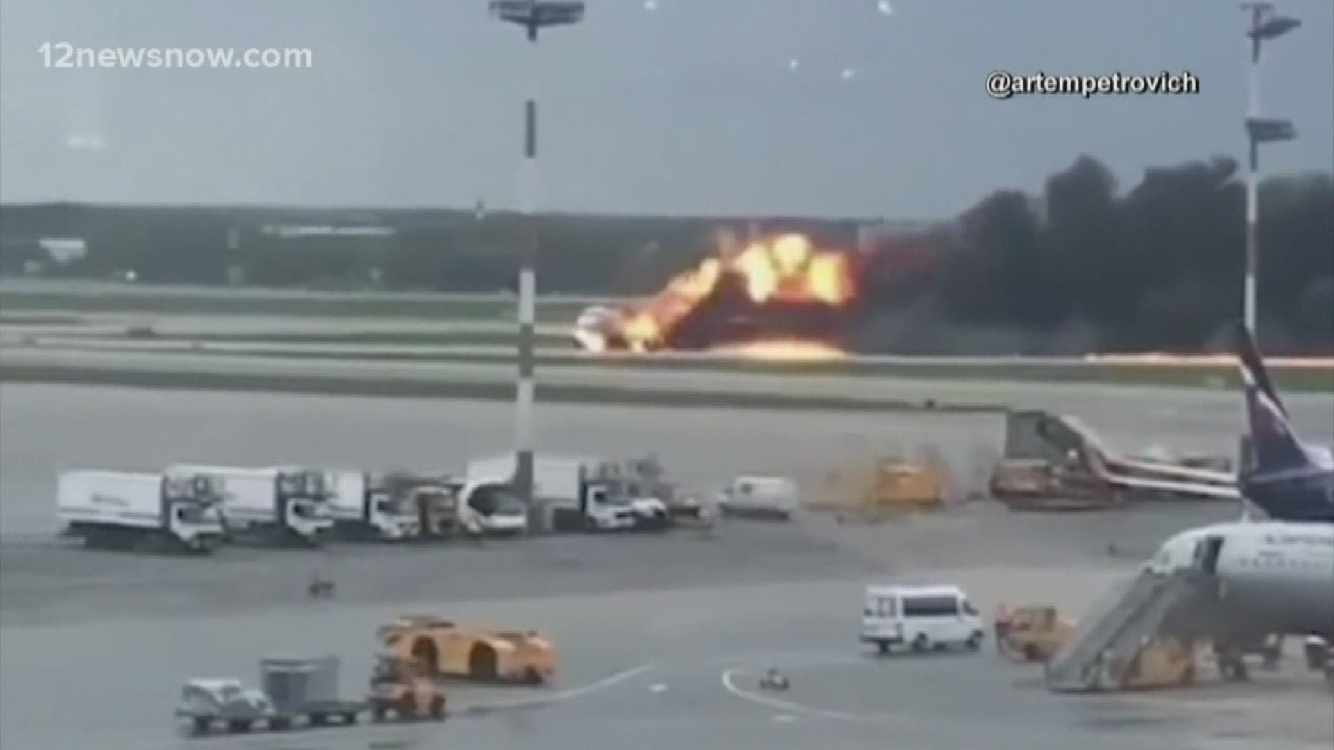 The plane was on a domestic flight when it turned back due to a problem. Russian investigators say the plane burst into flames as it hit the tarmac. 37 passengers escaped down the plane's inflatable emergency slides. So far, no official cause has been given for the disaster.