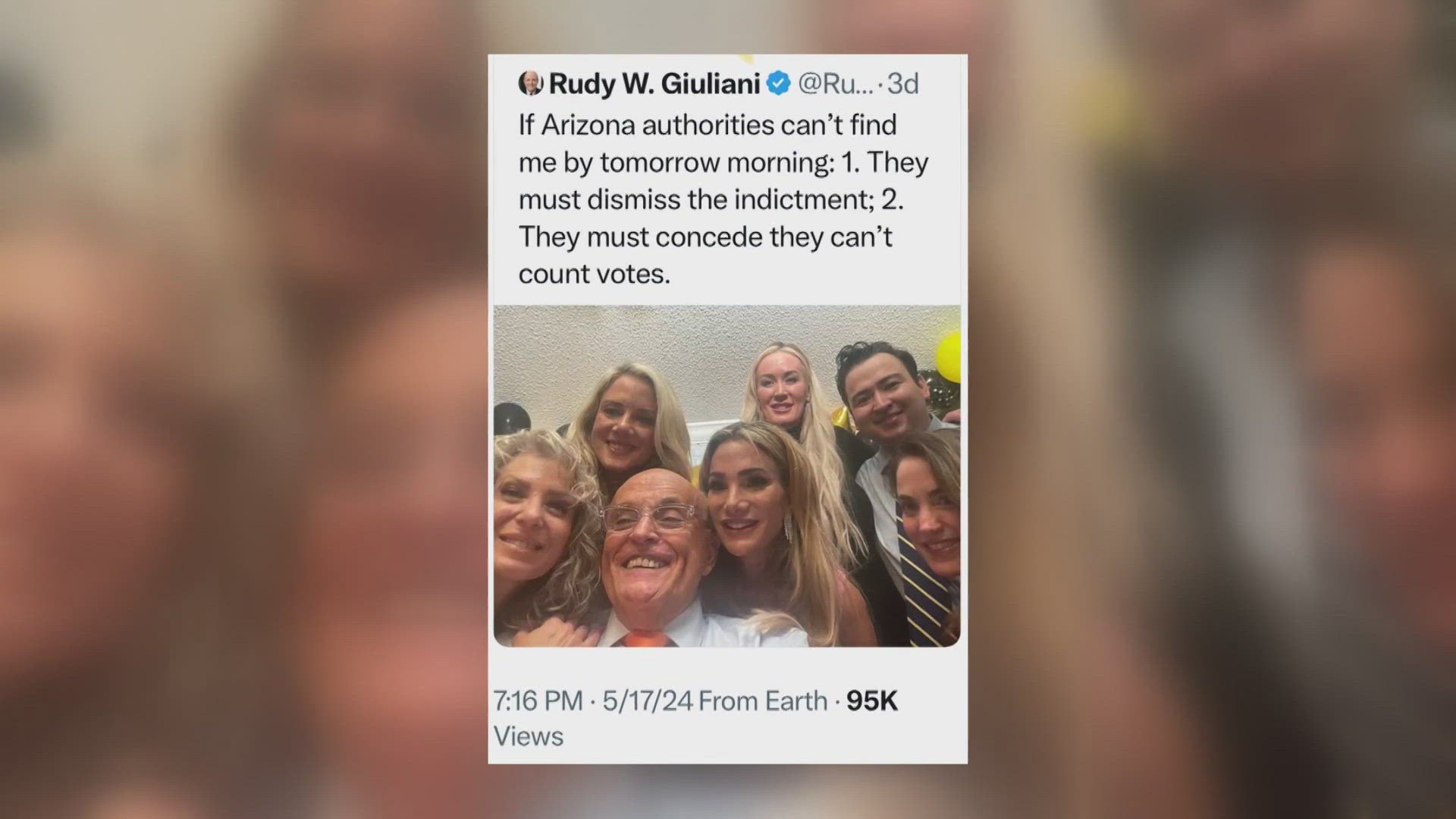 Giuliani was in Arizona posting bond as he faces nine charges stemming from his role in trying to overturn Donald Trump's loss in the 2020 election.