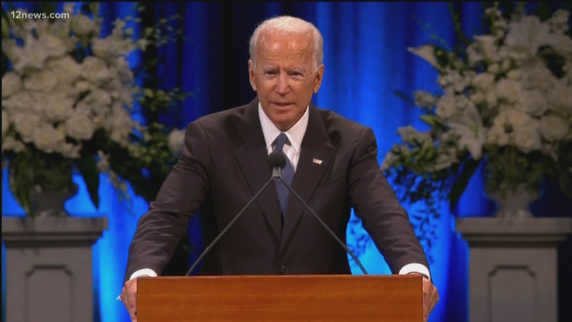 Joe Biden pays a humorous and emotional tribute to John McCain at his memorial service in Phoenix on Thursday.