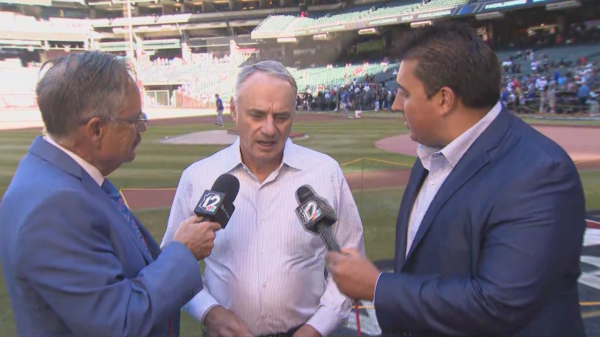 12News journalists Mark Curtis and Cameron Cox speak with MLB Commissioner Rob Manfred before Game 4 of the World Series