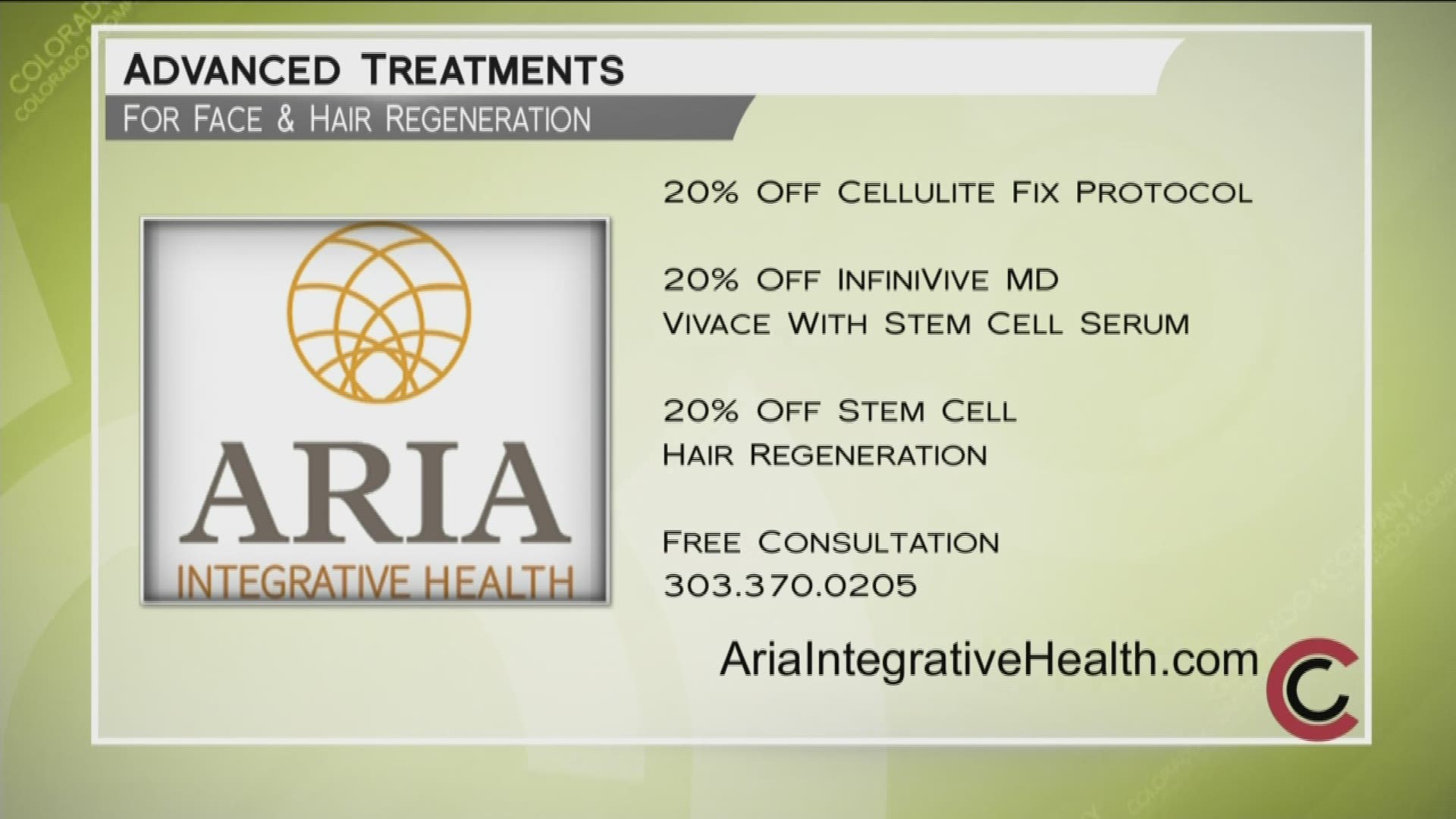 Aria Integrative Health has the treatments that can fit your lifestyle. Learn what they can do for you at AriaIntegrativeHealth.com or call 303.370.0205.