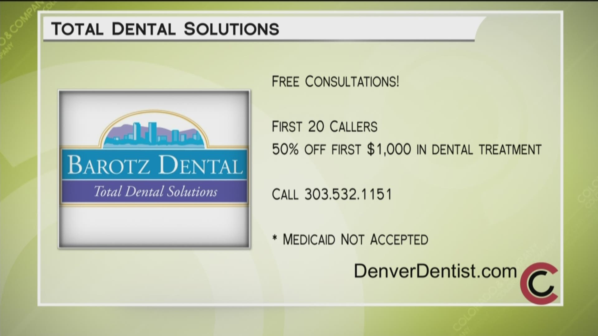 Schedule your free consultation with Dr. Barotz and his team today. Call 303.532.1151 or visit DenverDentist.com to learn how they can help you and your smile.