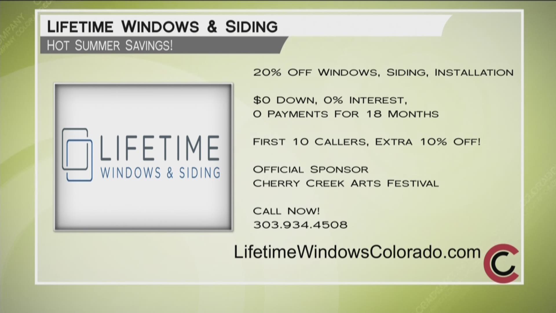 Call 800.GET.WINDOWS or 303.934.4508 and save 20% on windows, siding and installation with Lifetime Windows and Siding. Zero down, zero interest and zero payments for 18 months. Learn more at www.LifetimeWindowsColorado.com. 
THIS INTERVIEW HAS COMMERCIAL CONTENT. PRODUCTS AND SERVICES FEATURED APPEAR AS PAID ADVERTISING.