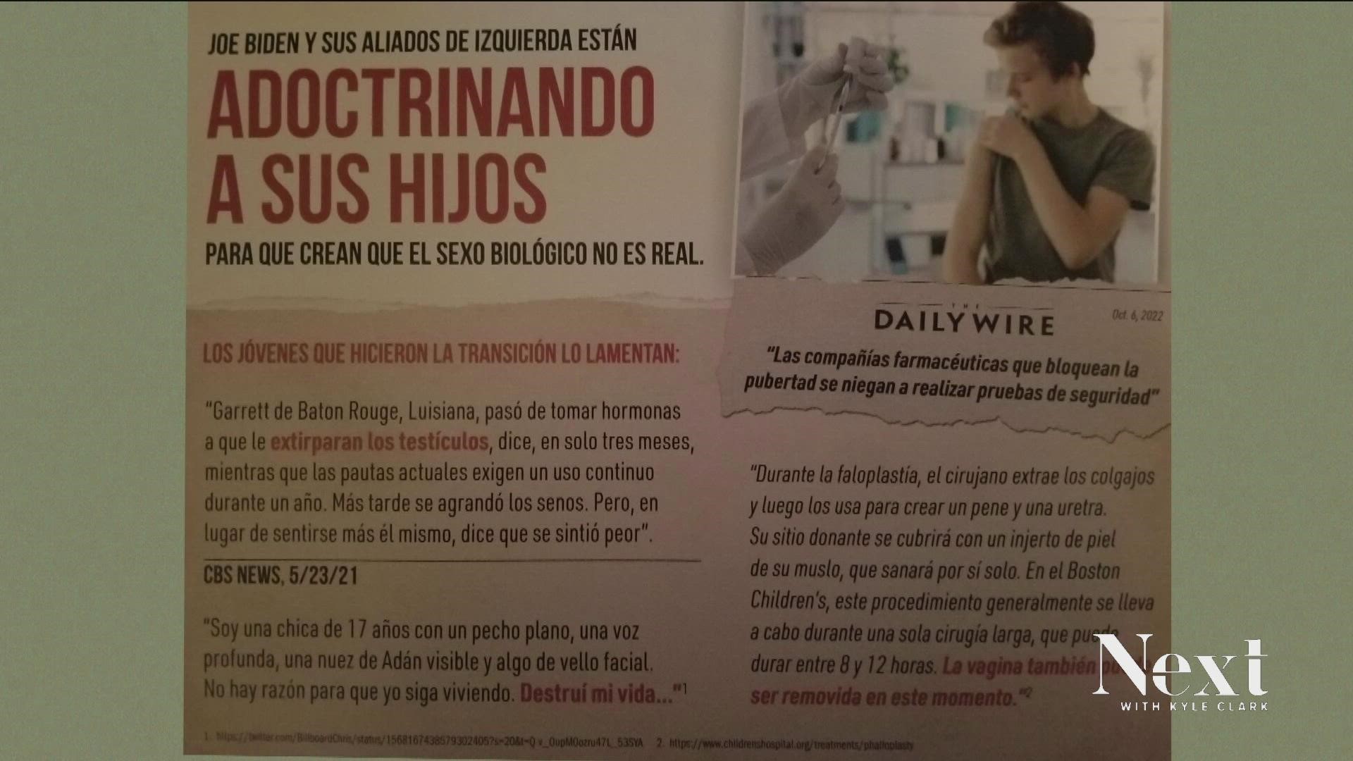 Anti-transgender messages printed in Spanish are being mailed to voters by a conservative dark money group.