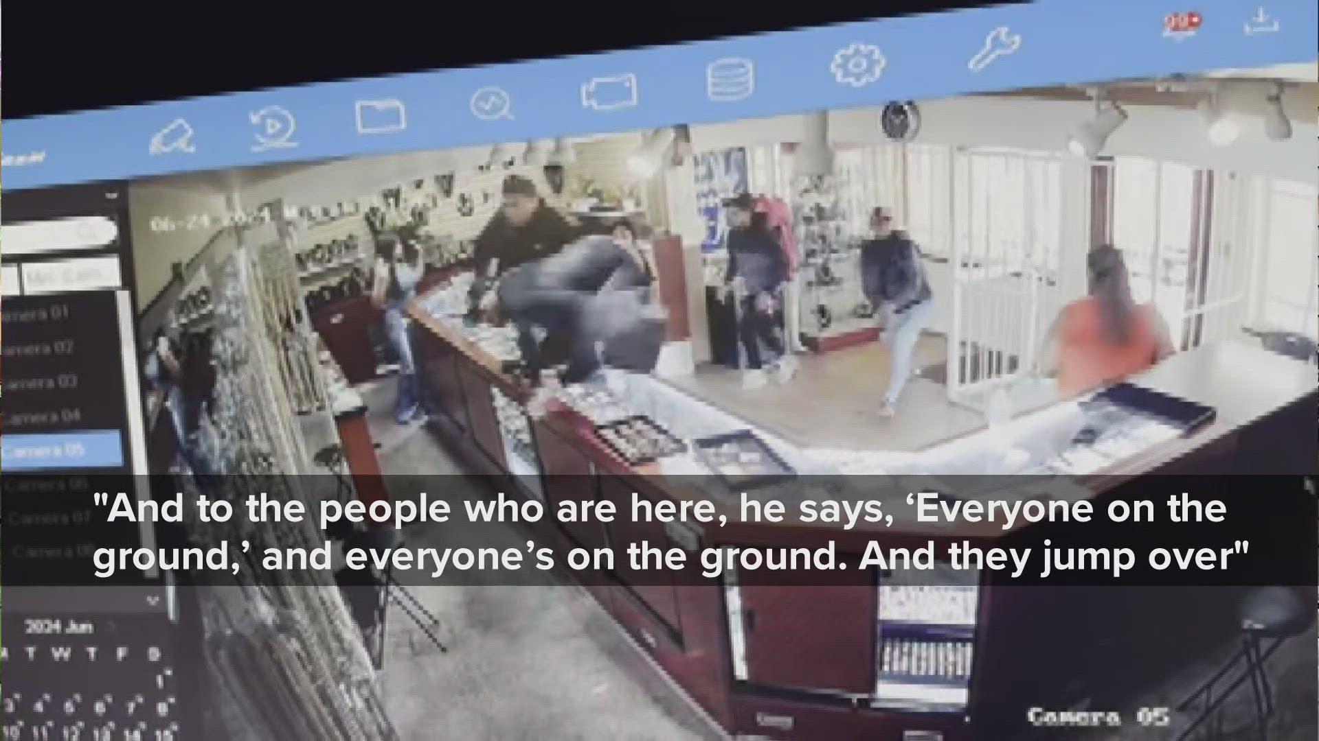 Security video from Joyeria el Ruby shows a man hitting two women on the head with a gun.