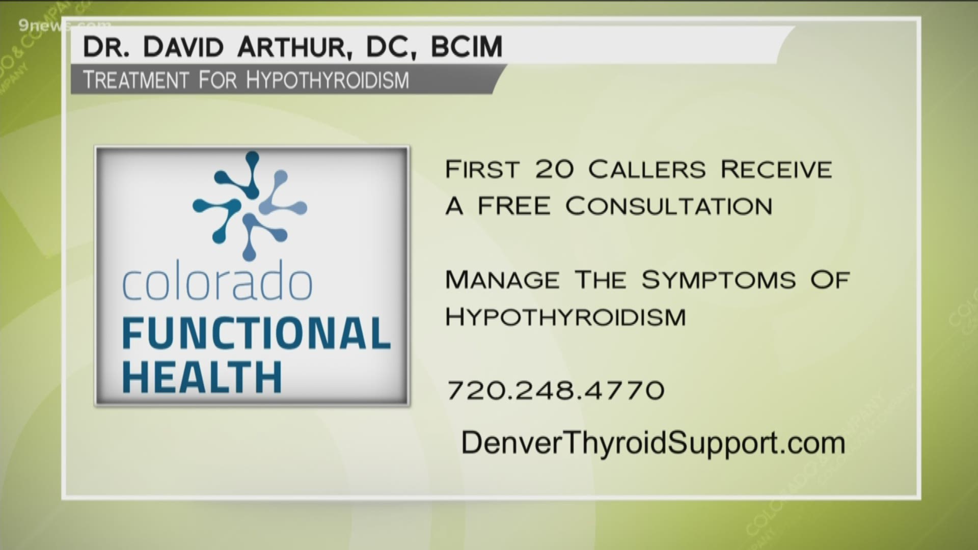 Mention COCO when you call 720.248.4770 and set up a consultation with Dr. Arthur. Learn more about taking control of your thyroid issues at DenverThyroidSupport.com
