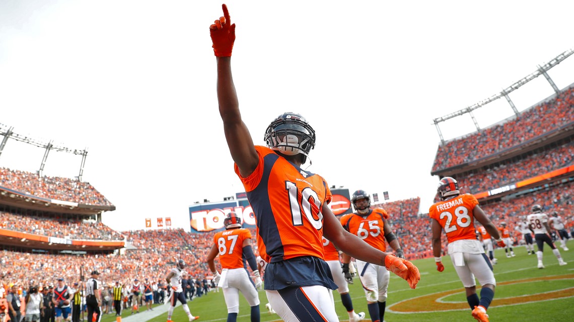 Denver Broncos outside linebacker Bradley Chubb (55) reacts to a defensive  stop against the Chicago Bears during the first half of an NFL football  game, Sunday, Sept. 15, 2019, in Denver. (AP