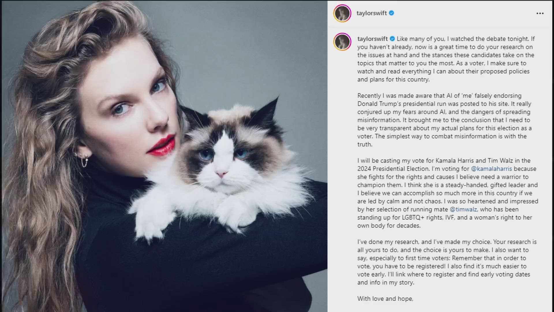 Taylor Swift made her announcement endorsing Kamala Harris and Tim Walz on Instagram following the presidential debate on Tuesday.