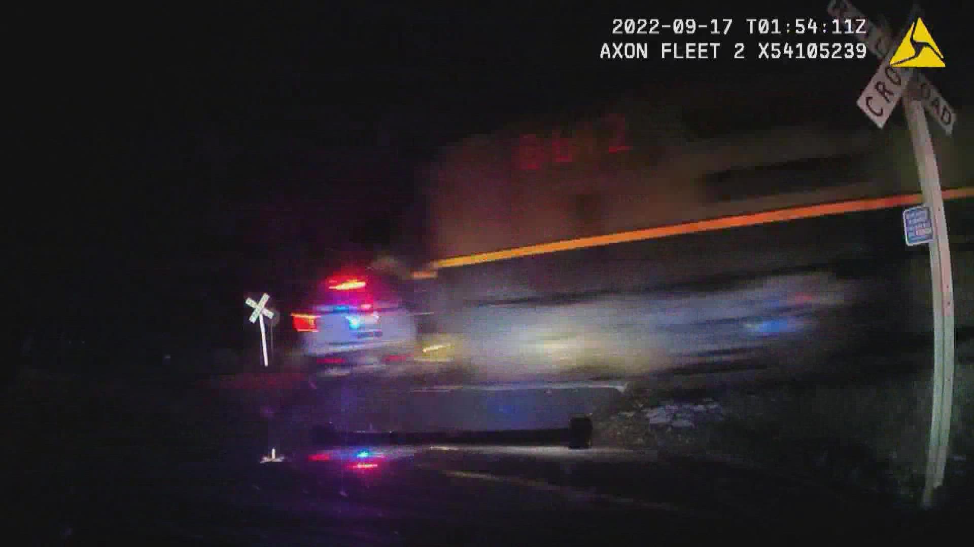 This edited video from the Fort Lupton Police Department was provided to 9NEWS through a records request. It shows the patrol car being hit by the train.