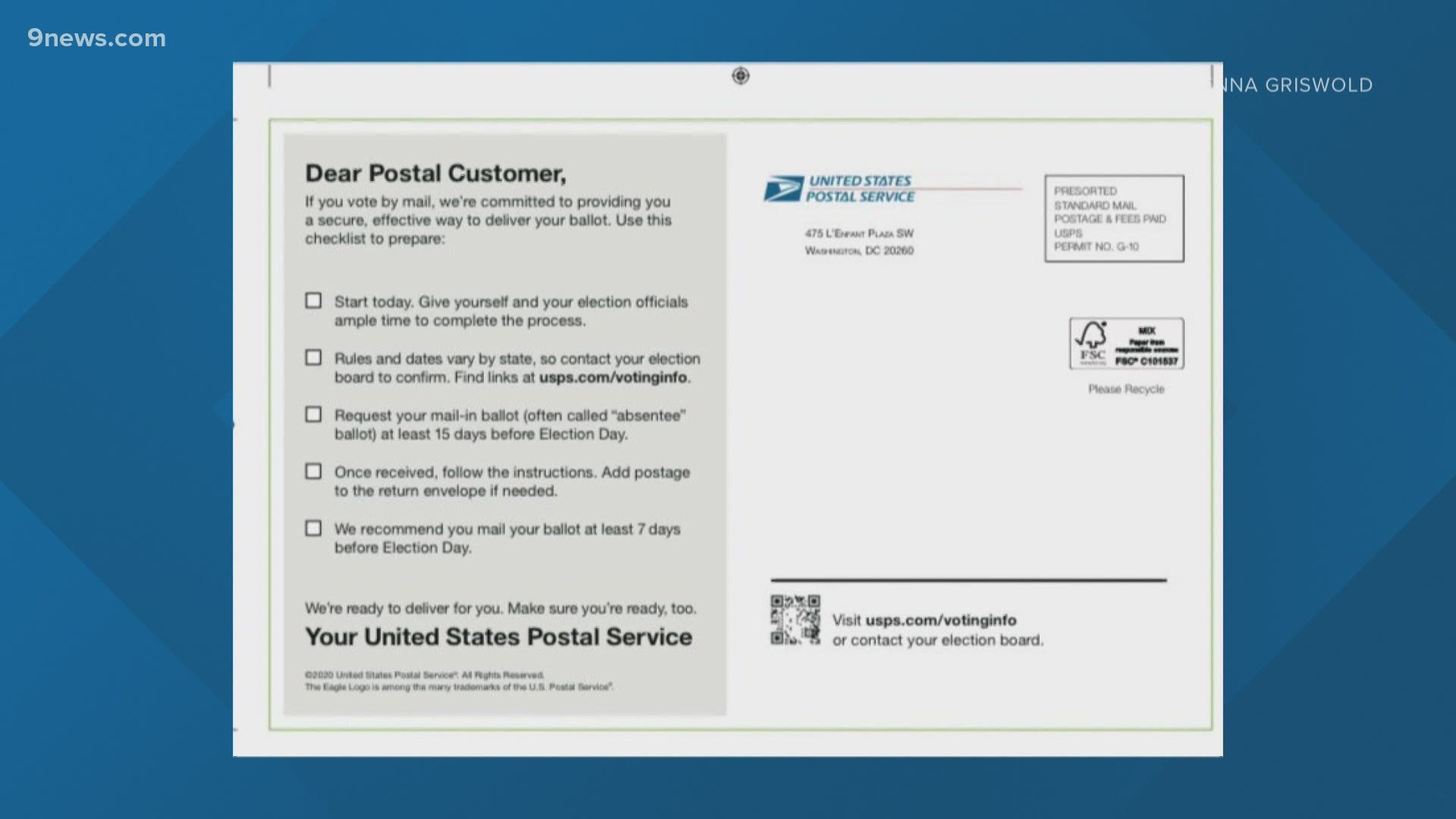 The postcard says that voters should request a mail-in ballot. In Colorado, all registered voters are automatically sent a ballot.
