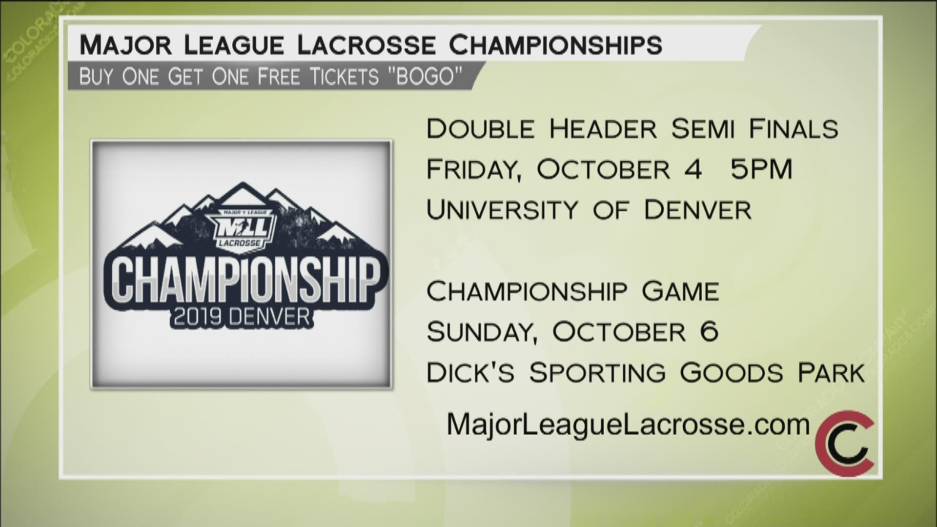 Catch the Denver outlaws defend their title at the MLL Championships this weekend. Get your tickets and learn more at www.MajorLeagueLacrosse.com.
