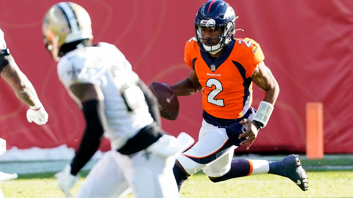 DENVER, CO - NOVEMBER 29: Denver Broncos quarterback Kendall Hinton (2)  warms up before a game between the Denver Broncos and the New Orleans  Saints on November 29, 2020, at Empower Field