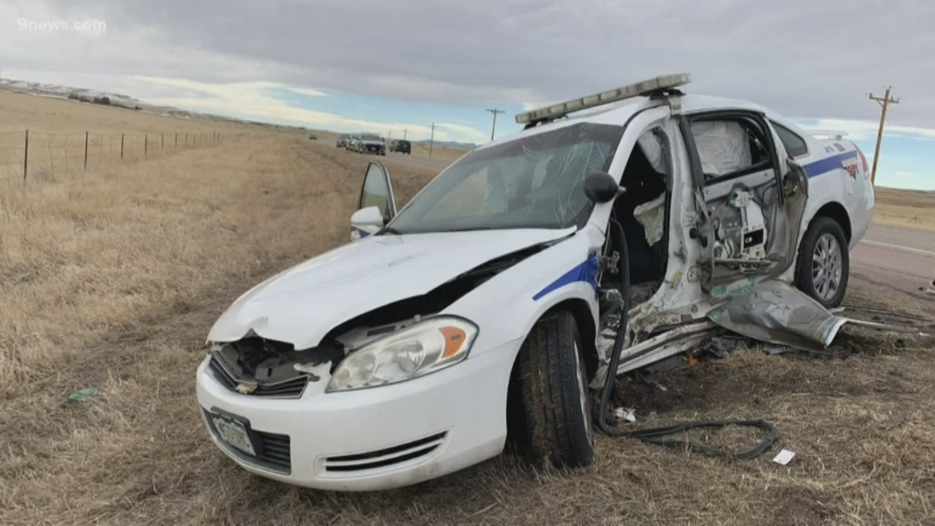 The Colorado State Patrol said their patrol car was T-boned as they turned around to pursue a speeding car Saturday.