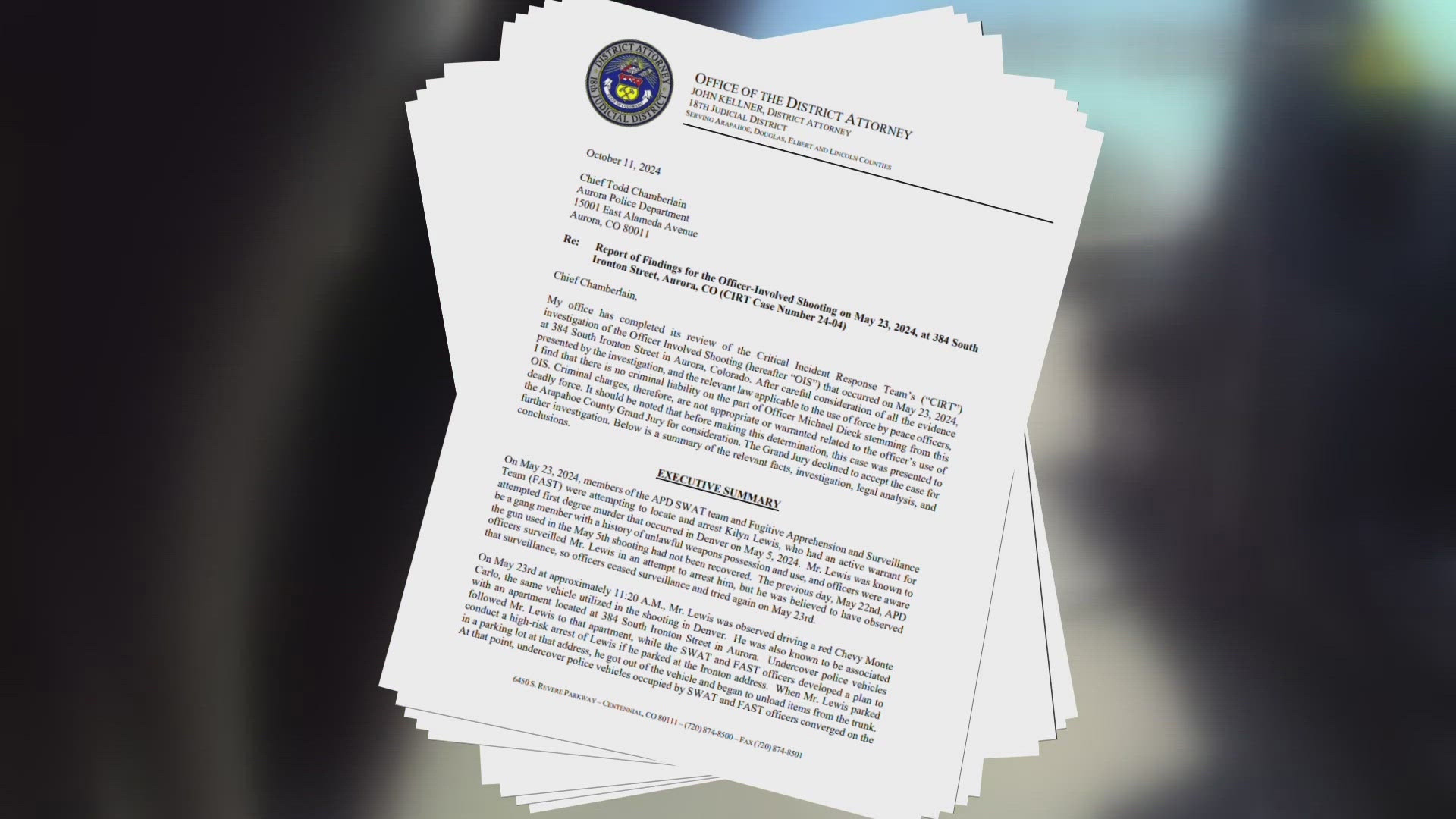 The 18th Judicial District Attorney's Office said District Attorney John Kellner made the decision not to file charges after a grand jury declined the case.