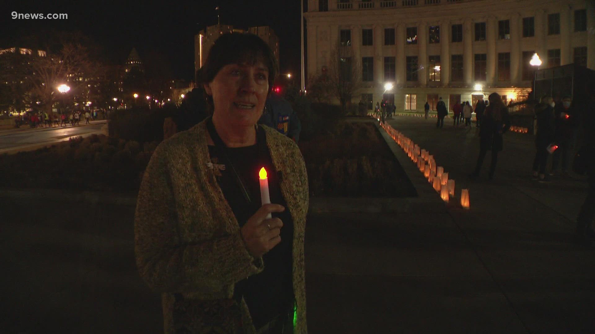 The Colorado Coalition for the Homeless held a vigil outside the city and county building with luminaries displayed with the names of people who have passed.
