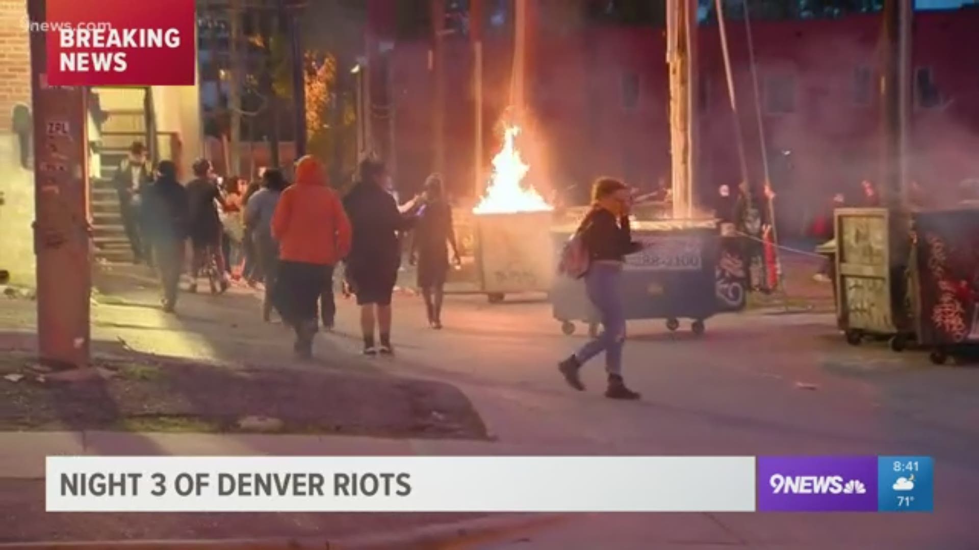 Noel Brennan is near 12th and Broadway where demonstrators set fire to at least 3 dumpsters in the area.