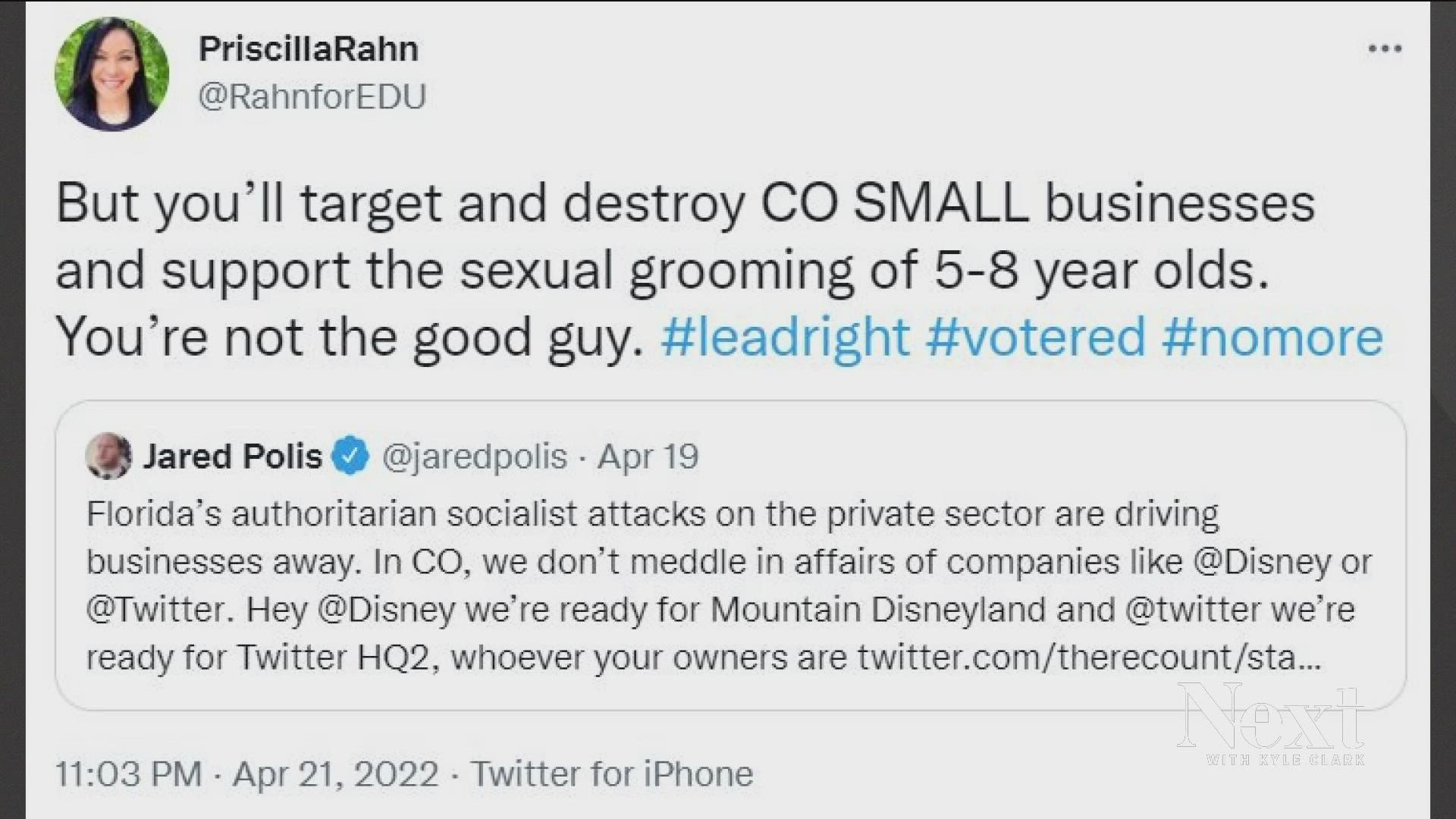 Responding to Gov. Polis' Disney tweet, Priscilla Rahn wrote: "You'll target and destroy CO SMALL businesses and support the sexual grooming of 5-8 year olds."