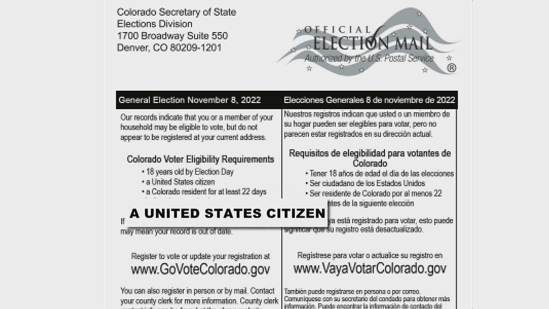 Colorado’s secretary of state’s office says it mistakenly sent postcards to noncitizens encouraging them to register to vote due to a database glitch.