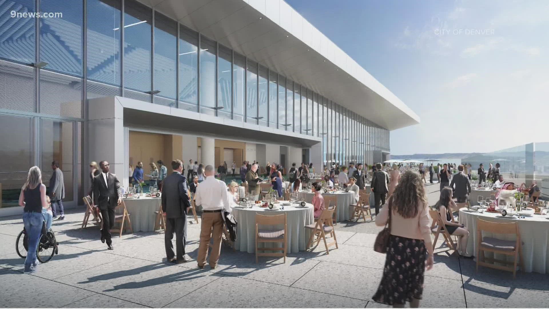 Once construction is completed, the Colorado Convention Center will have a rooftop terrace with sweeping views of Denver's skyline and the mountains.