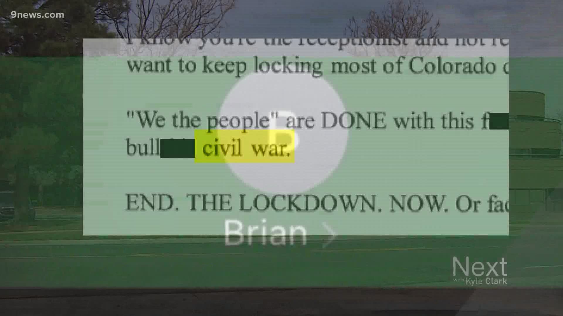 A man who emailed a threat of “civil war” if public health officials did not lift a stay-home order said that he was sending "warning signals to elected officials."