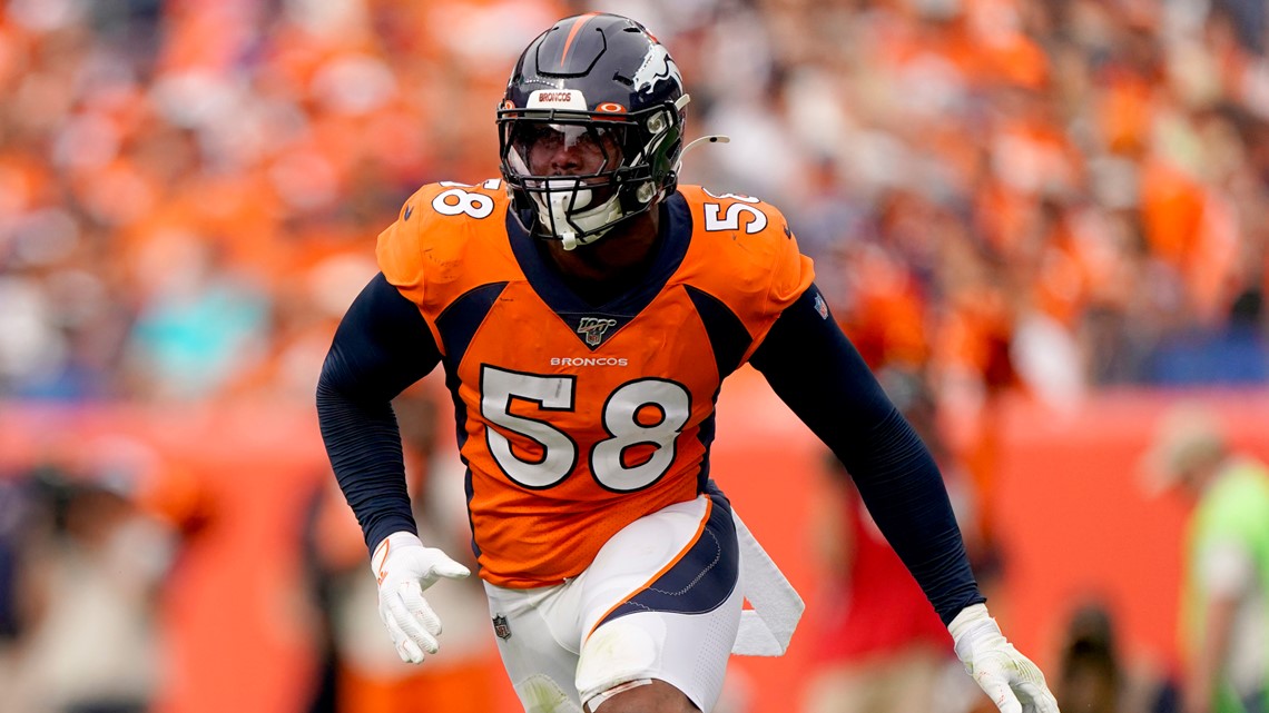 Von Miller of the Denver Broncos reacts to the crowd in the second half  against the New York Jets of an NFL football game Sunday, Sept. 26, 2021,  in Denver. (AP Photo/Bart