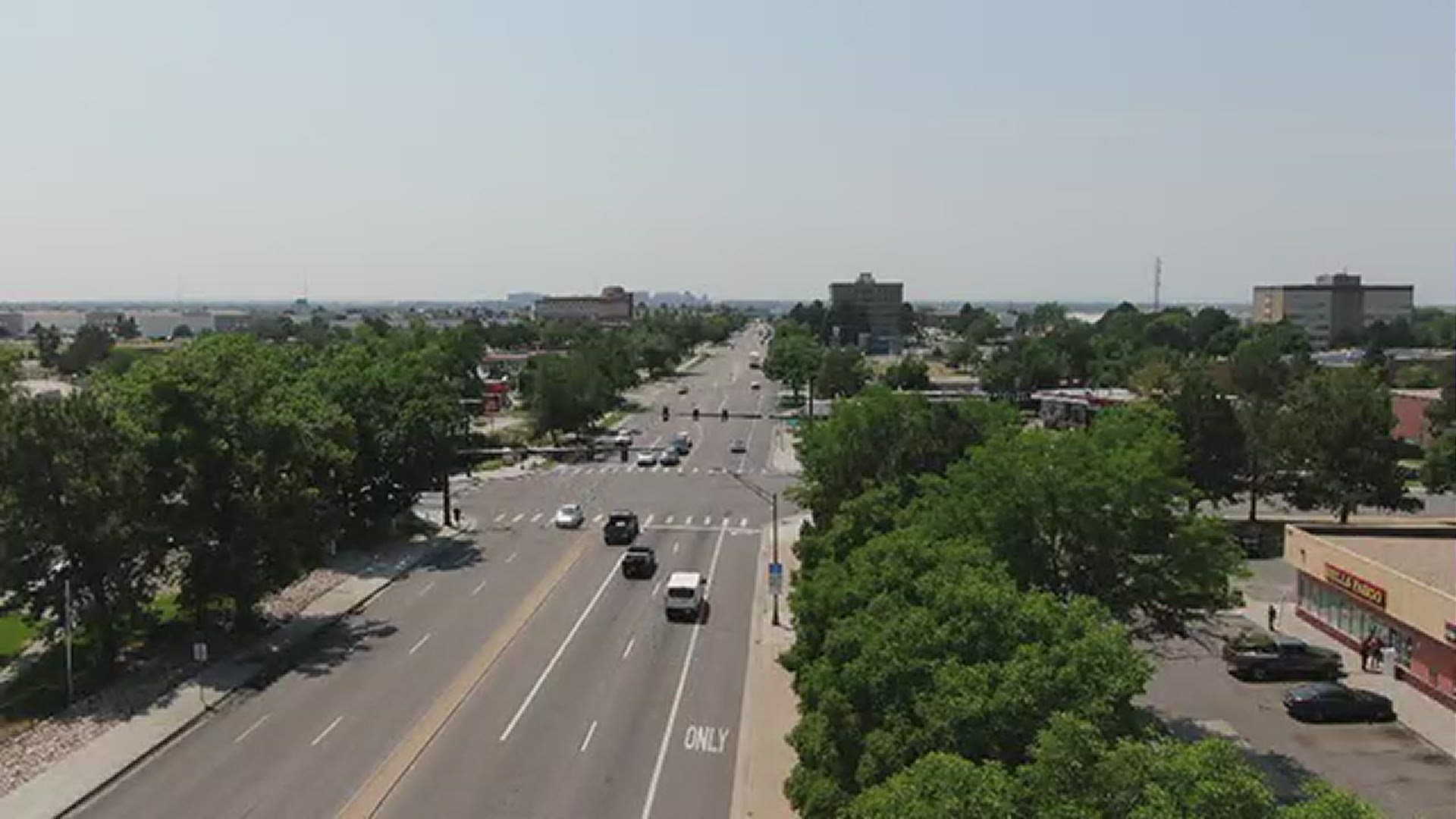 Aerial footage of East 47th Avenue and North Peoria Street in Denver, which is one of the Denver Police Department's five crime hotspots.