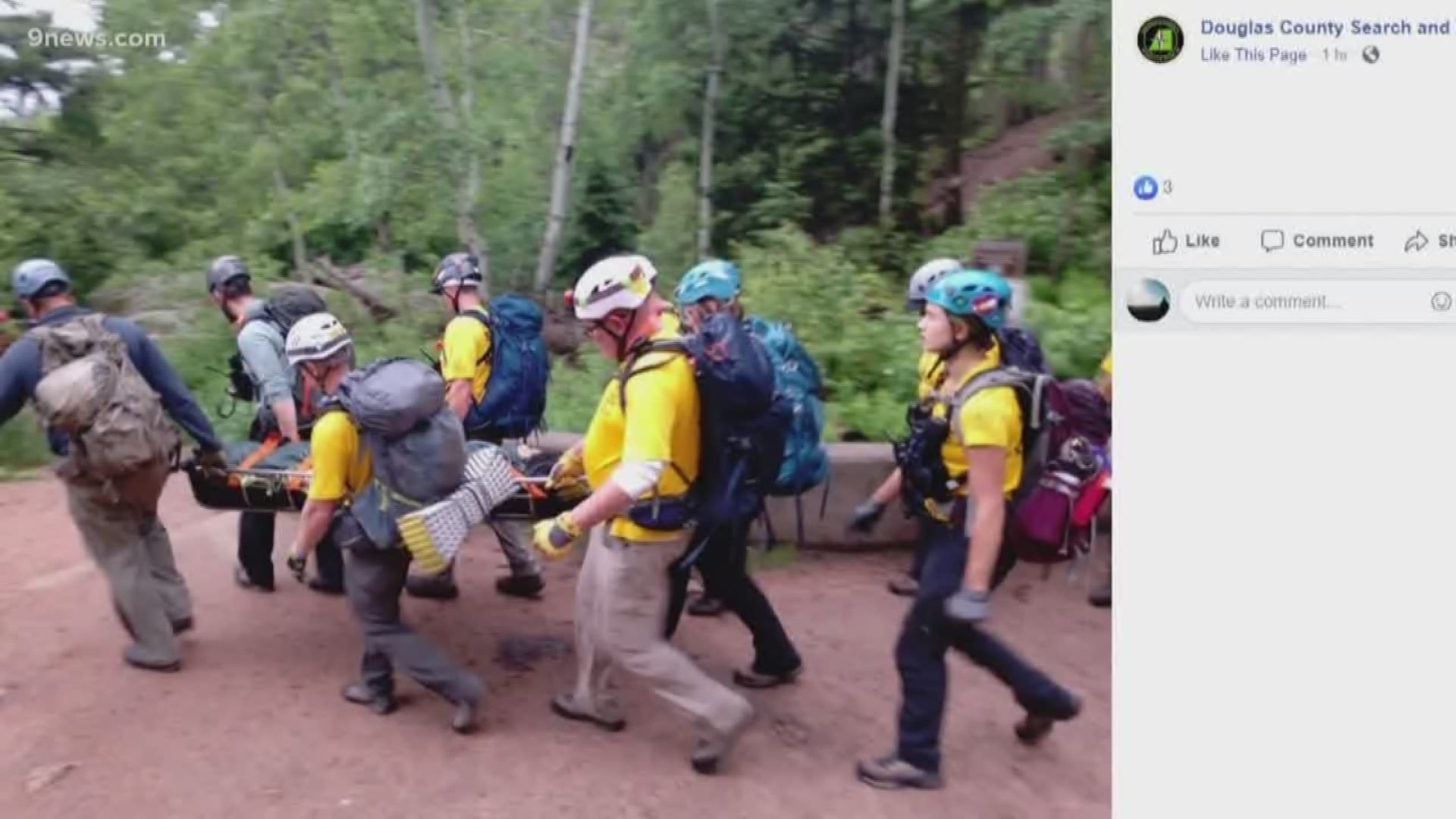 Three adults were injured in the group of eight hikers, all were conscious, breathing and talking,  Douglas County Sheriff's Office said.