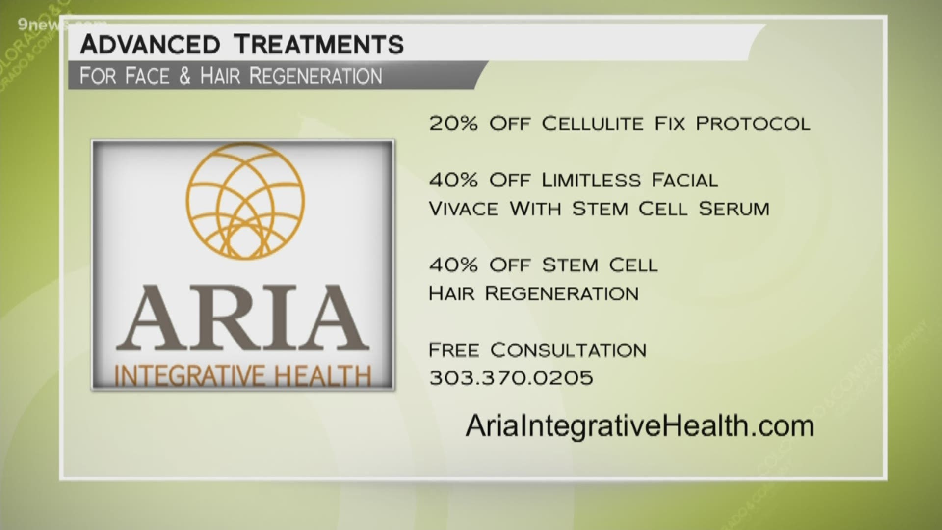 Get special pricing on several treatments at Aria Integrative Health. Call 303.370.0205 or visit www.AriaIntegrativeHealth.com for today's specials and to learn more