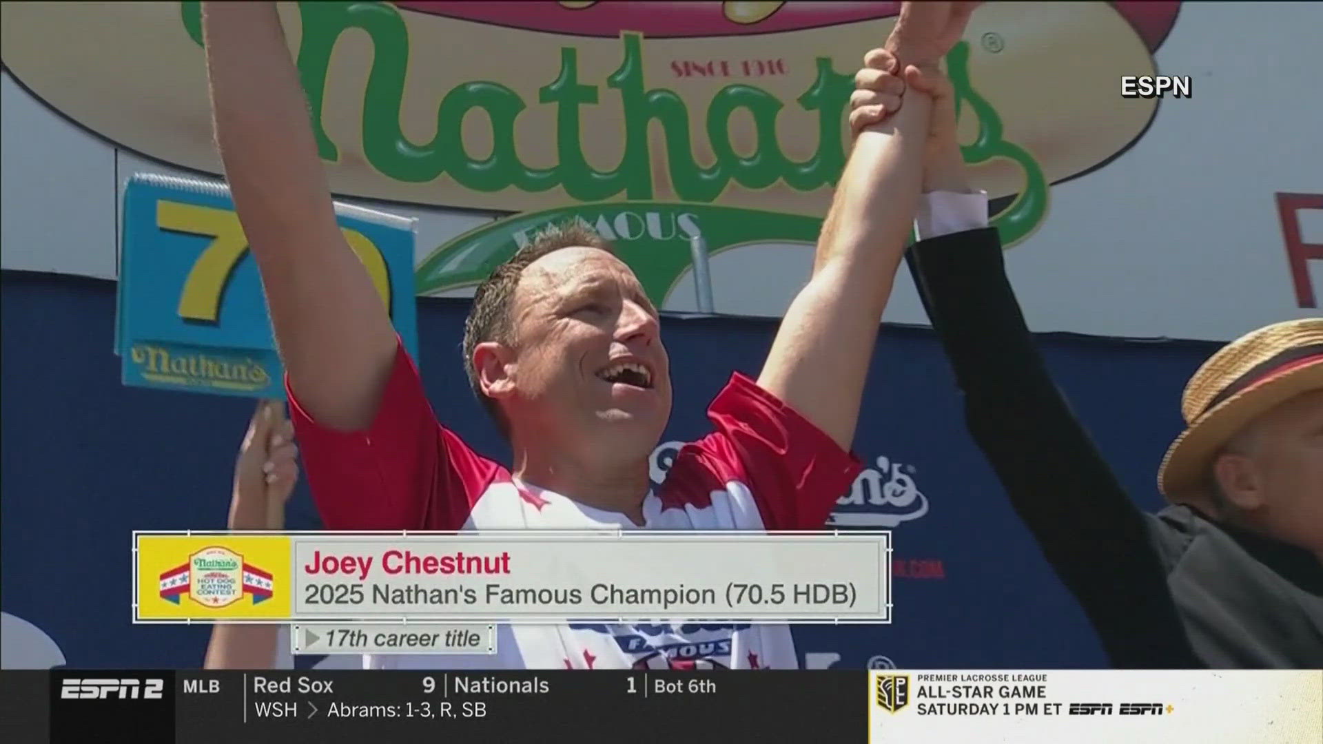 Chestnut ate 70 1/2 hot dogs in 10 minutes, beating second place by 25. 