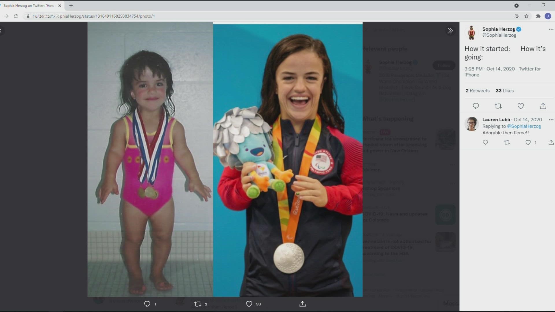 Coloradan and Paralympian swimmer, Sophia Herzog, took bronze in the 100-meter breast-stroke.