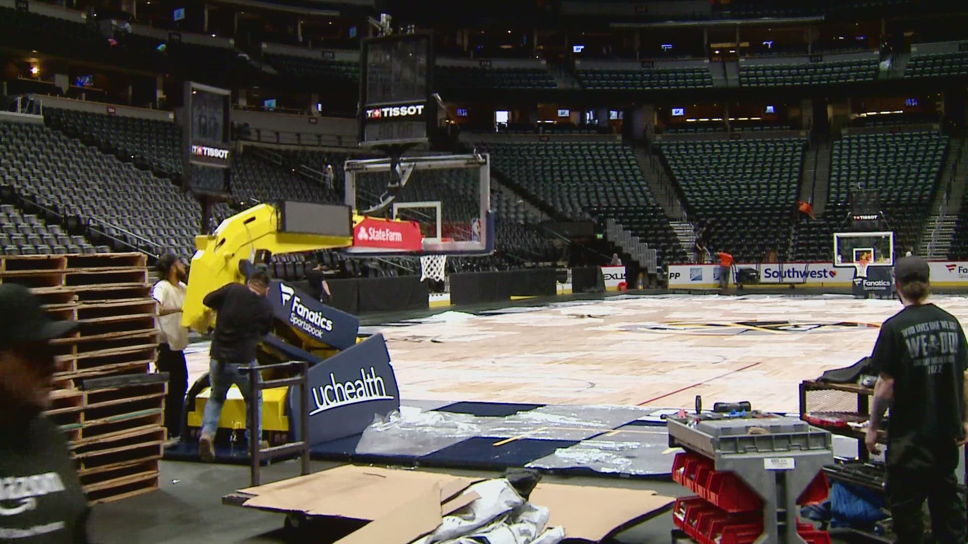 The arena's conversion crew consists of 25-30 people who switch the floors out from hardwood to ice and back again during the Nuggets and Avalanche playing season.