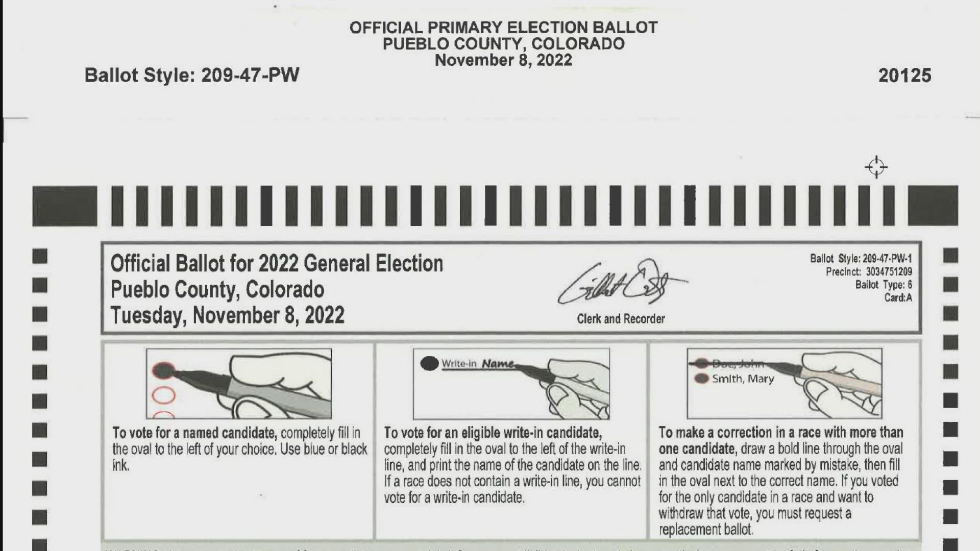The misprint on ballots being sent to voters in Pueblo County was on a tear-off tab and does not affect the “legal validity” or accuracy of the rest of the ballots.