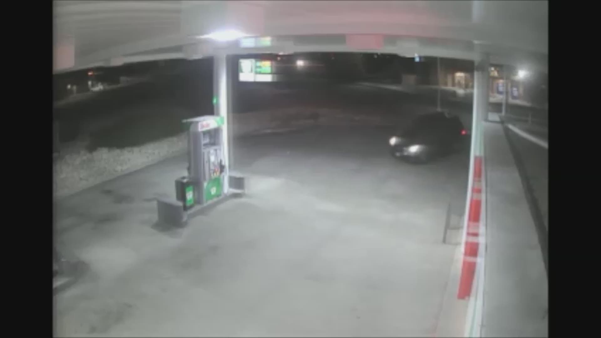 Surveillance video shows a 39-year-old burglary suspect crashing into a gas station and a bank in Littleton early Thursday.